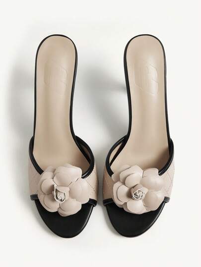 SHEIN X Belle Mariano CUCCOO CHICEST Women's Summer New Arrivals Camellia Round Toe Slim High Heel Elegant Sweet Romantic Classic Black & Beige Contrast Color Faux Leather Dress Sandals, Suitable For Afternoon Tea, Date, Fashion Party, Elegant Outfit, Holiday, Banquet For Christmas Elegant Shoes