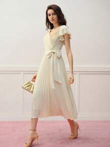 MOTF PREMIUM 褶饰蝴蝶结连衣裙 - 杏色 - 查看 5