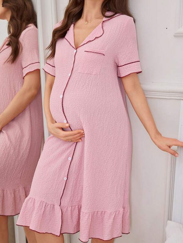 Contrast Color Trim Lapel Jacquard Short Sleeve Ruffle Hem Maternity Nightgown Home Dress