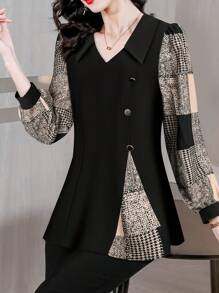 EMERY ROSE Women's Two-Tone Houndstooth Long Sleeve Blouse, Slimming
