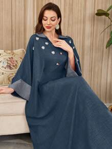 Al Najma 女士优雅亮片花卉束腰连衣裙和阿拉伯传统长袍，春夏季，朴素的卡夫坦 - 藍色 - 查看 4