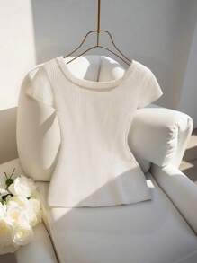 Franclia Nowy minimalistyczny, wszechstronny, stylowy, dopasowany, jednokolorowy sweter z dzianiny z dekoltem w kształcie litery U dla kobiet, wiosna/lato