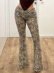 SHEIN ICON Leopard Print Mesh Flare Pants With Foldover Waistband - Brown - View 1