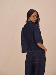 MUSERA Boxy Fit Collared Button Through Mid Sleeve Denim Top Only Summer Casual Cute Vacation The Book Shop Festival Concert Western Back To School Streetwear Work Office Fall Autumn Winter Nashville