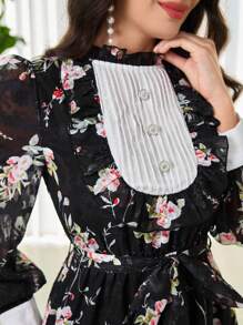 Modelyn Women's Elegant Floral Print Lantern Sleeve Long Dress - Black - View 1