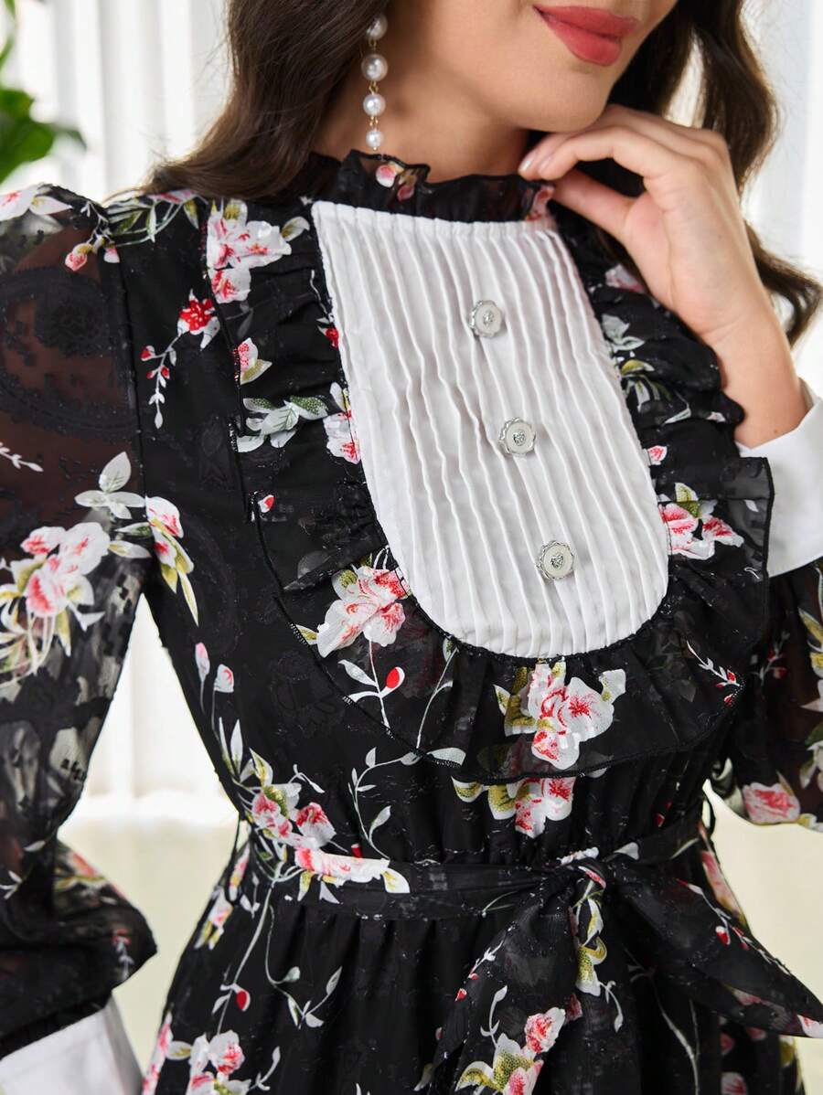 Modelyn Women's Elegant Floral Print Lantern Sleeve Long Dress - Black - View 1