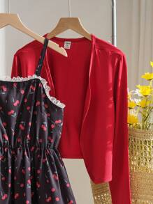 2pcs/Set Teen Girls Casual Cute Cherry Ditsy Floral Camisole Dress And Short Jacket Outfit