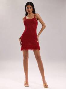 SHEIN BAE Vestido mini brillante y sexy para mujer, de estilo minimalista, apropiado para el verano - Burdeos - Ver 3