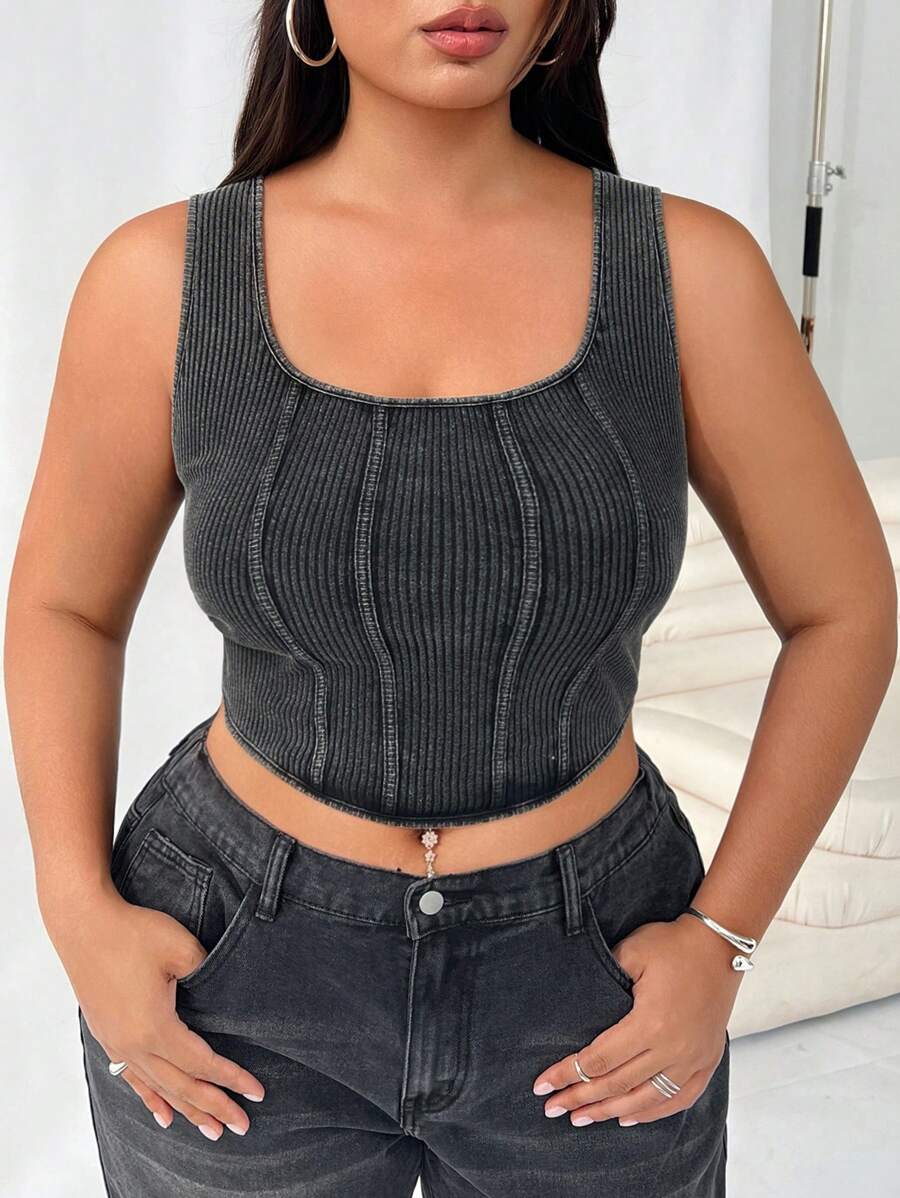 SHEIN EZwear Plus Size Black Cropped Wide Strap Tank Top, Suitable For Everyday Wear - Multicolor - View 1