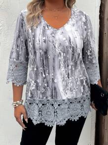 EMERY ROSE Plus Size Women's Elegant Floral Print Lace Trim 3/4 Sleeve Knit Top, Versatile For Spring & Summer - Grey - View 1