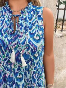 Breezaya Plus Size Women V-Neck All-Over Print Sleeveless Dress With Tassel And Pleated Trim, Vacation Beach Dress