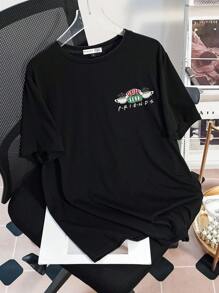 FRIENDS X SHEIN Casual Loose Letter Graphic Black Round Neck Short Sleeve T-Shirt For Women, Comfortable For Summer