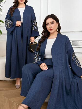 Al Najma Plus Floral Embroidery Open Front Coat & Pants,Modest