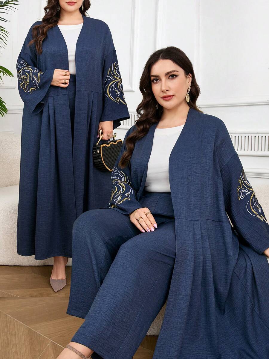 Al Najma 花卉刺绣开襟外套和裤子，适中 - 藏蓝色 - 查看 1