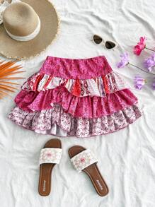 Soleia Minifalda bohemia retro con estampado floral multicapa, diseño de paisley, cintura baja, apta para vacaciones, festivales de música, estilo bohemio, citas y tardes de té.