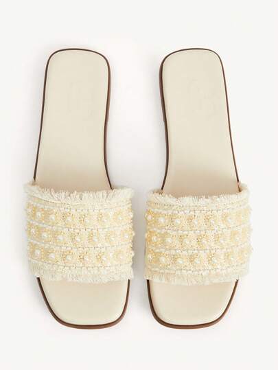 CUCCOO CHICEST Sandalias planas de mujer con flores tejidas y cuentas de perlas, elegantes y versátiles para vacaciones