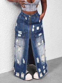 SHEIN Slayr Women's Distressed Front Zip Up High Slit Long Denim Skirt - Blue - View 4