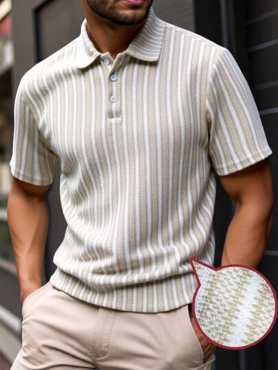 Manfinity Homme Avslappnad randig kortärmad pikétröja för män i plusstorlek