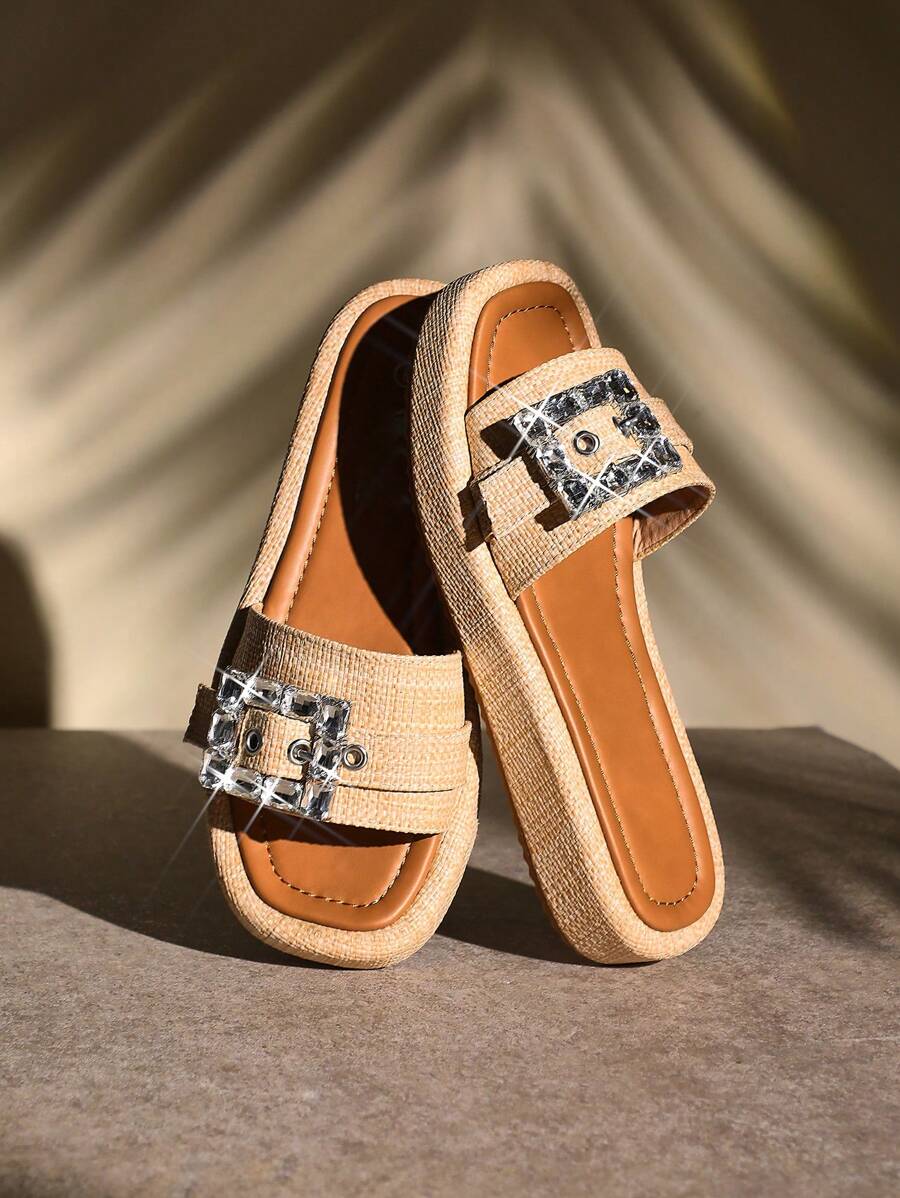 SHUZIA Women Flat Slides Sandals Sparkly Rhinestone Slip On Flat - Beige - View 1