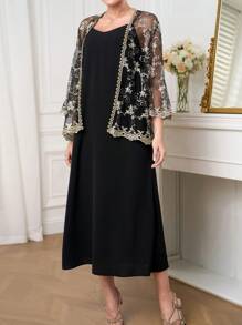 Seusyu 2pcs/Set Women Casual Embroidered Mesh Top & Solid Color Slip Dress - Black - View 5