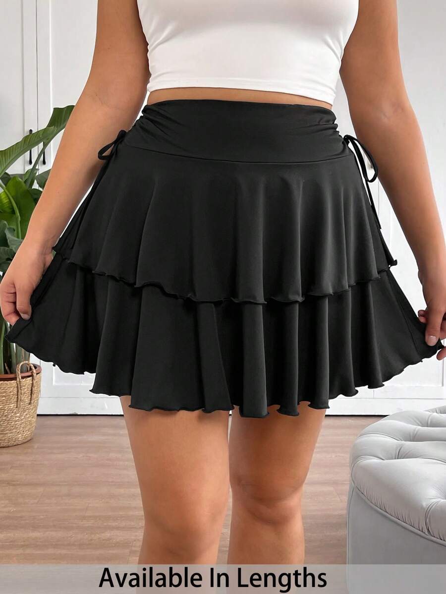 SHEIN Tall CURVE Plus Size Drawstring And Fold Detail Solid Color Cake Skirt - Black - View 1