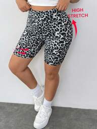 SHEIN EZwear Leggings elásticos de punto con estampado de leopardo para mujer talla grande
