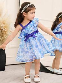 SHEIN Babygirl Elegant Summer Cute Floral Organza Color Block Dress - Blue - View 5