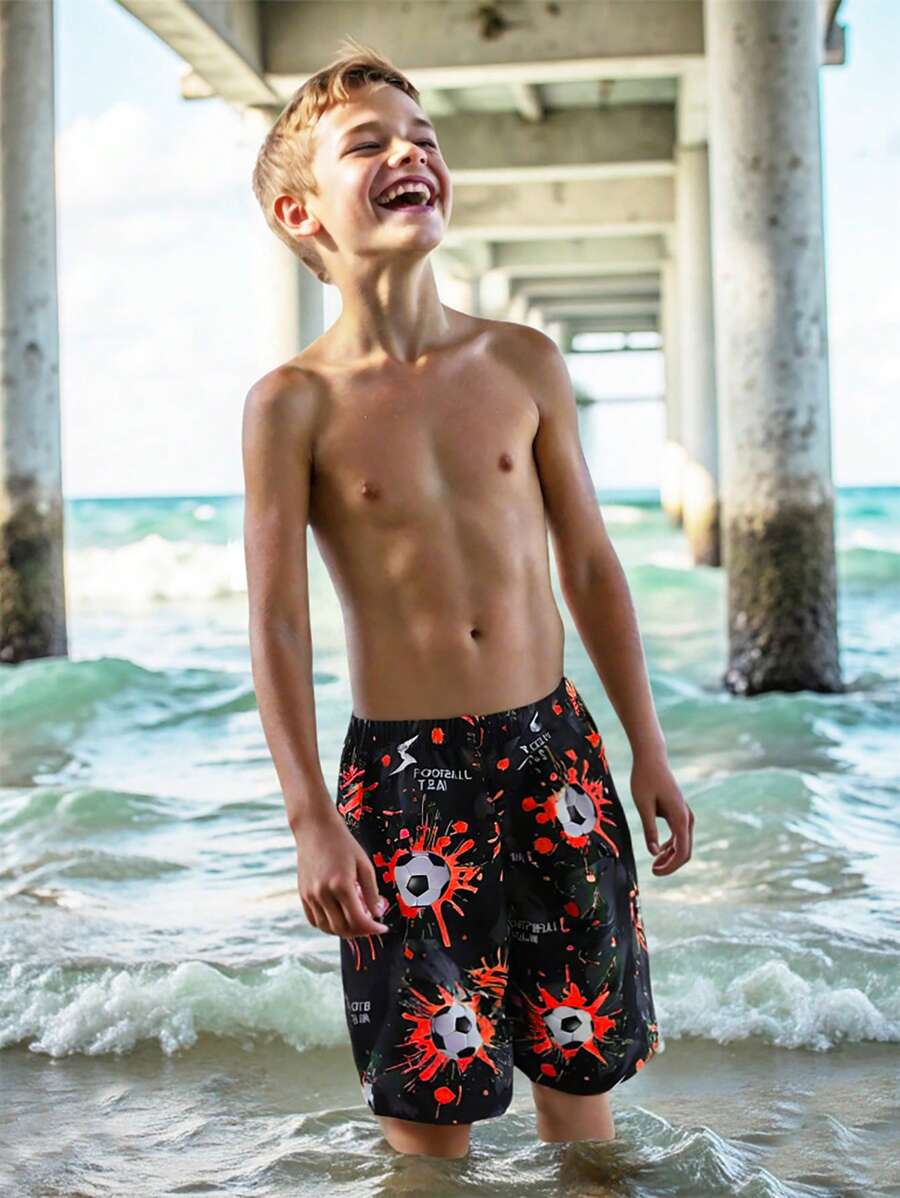 SHEIN Tween Boy Football Printed Beach Swim Trunks - Red - View 1