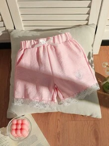 Schattige schattige meisjes zomer casual effen roze hart borduurwerk contrast kant rand ruches shorts, veelzijdig