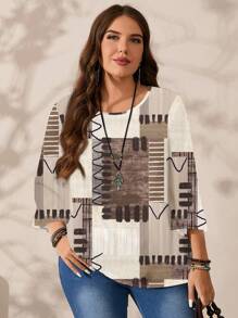 Mellowie Plus Size Women's Casual Simple Brown Plaid Patchwork Color Block Full Print Loose Fit Round Neck 3/4 Sleeve Shirt, Autumn/Winter Chic Blouses For Women - Multicolor - View 4