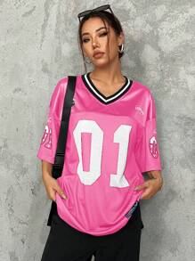 Muchica Áo thun thể thao thường ngày cỡ lớn mùa hè & đầu thu họa tiết Lucky Number 01 & California nhẹ, lưới ghép, cổ chữ V, dáng rộng, tay ngắn, thả vai, dài - Màu Hồng Tươi - Xem 4