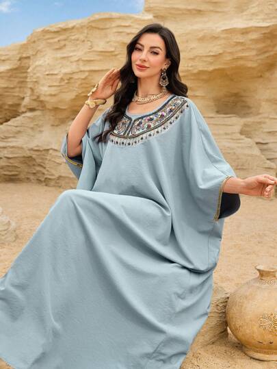 Al Najma 水晶装饰圆领长袖卡夫坦长裙，土耳其和阿拉伯优雅传统风格长裙，端庄