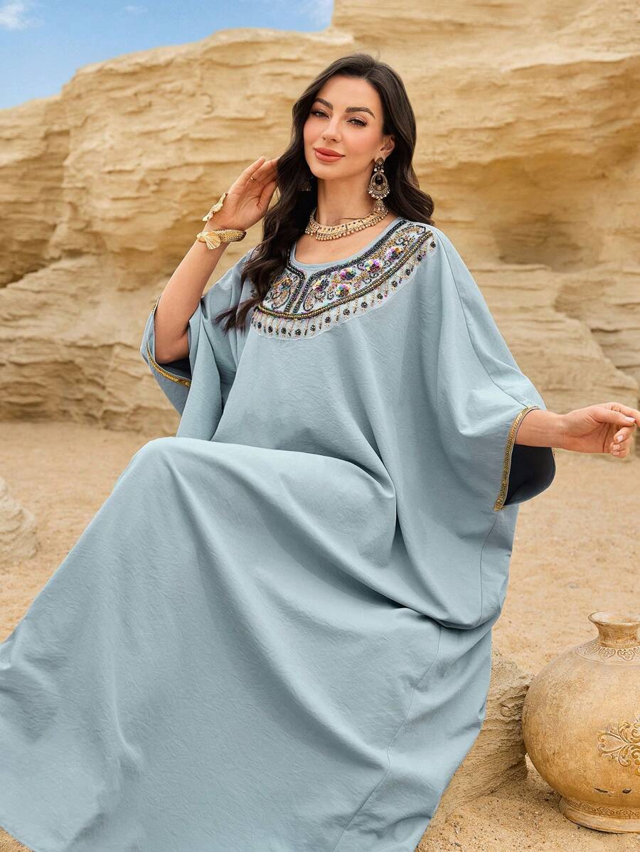 Al Najma 水晶装饰圆领长袖卡夫坦长裙，土耳其和阿拉伯优雅传统风格长裙，端庄 - 霧霾藍 - 查看 1