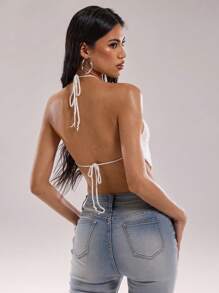 SHEIN BAE Canottiera estiva da donna dal collo a balza, con decorazione a fiori 3D e schiena scoperta, in maglia