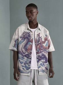 SUMWON Dragon Print Resort Shirt Japanese Art Style Button Down Short Sleeve Casual Summer Beach Shirt Oriental Fantasy Design Streetwear Festival Shirt