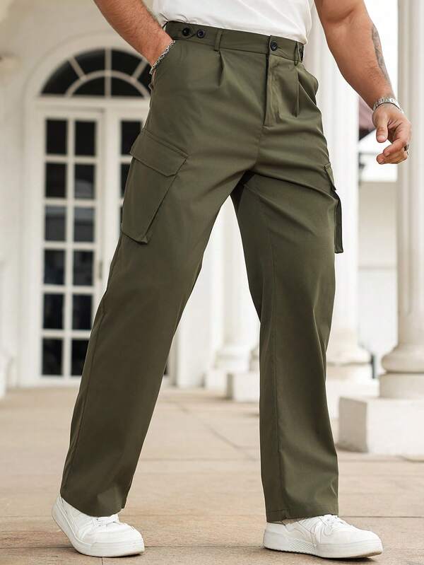 Manfinity Homme Pantalones casuales de unicolor con botones y bolsillo delantero para hombres, ropa de ocio diaria, otoño