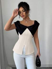Elenzga Elegant Colorblock Cinched Waist Open Slit Blouse, Summer