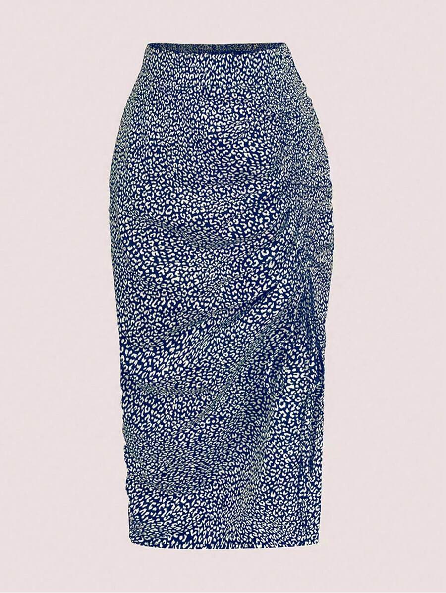 Flirla Plus Size Women Leopard Print Pleated Skirt - Blue - View 1