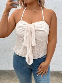 SHEIN CURVE+ Plus Size Women Ruffled Hem Halter Romantic Bow Tank Top - Pink - View 5