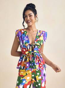 SHAQUITA GARCIA Designer Fun Playful Floral Print Elegant Tied Front Sleeveless Ruffle Hem Shirt Ruffle Tops For Summer Vacation - Multicolor - View 7