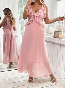 Celure Plus Size Elegant Solid Color Ruffle Trim Dress