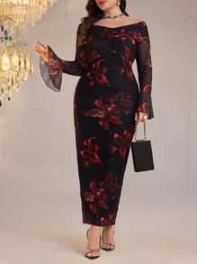 Modelyn Vestido elegante de mujer talla grande con manga de campana y estampado floral off shoulder
