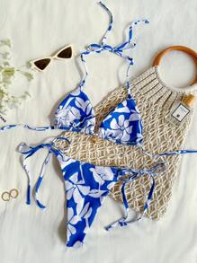 SHEIN VCAY Women's Holiday Style Floral Print Halter Bikini Top And Low-Waist Side Tie Bottoms Swimwear Set, Floral Print Halter Neck Bikini Set, Floraled Halter Strap Two-Piece Bikini Set,Backless,Beachwear High Waisted,Beach Outfits For Woman,Sexy,Summer Outfits For Women, For Beach Vacation For Summer Beach Vacation,Kawaii,Thong Bikini,High Waisted Bathing Suit,Push Up Bikini,Tie Front Top,Boho,Vacation,LINEN,Crochet