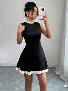 Elenzga Damen einfarbiges Kleid mit Rüschensaum und ärmelloser A-Linie