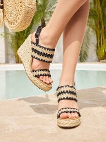 Styleloop Lace & Linen Rope Platform Closed Toe Hollow Thick Sole Canvas Sandals, Versatile - Black - View 1