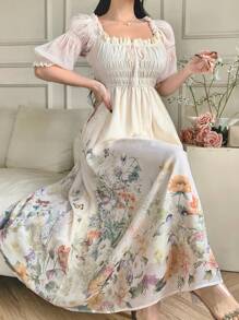 DAZY 女士浪漫飘逸印花A字中长连衣裙，收腰设计，夏季，挤奶女工装度假装扮，花卉图案 - 杏色 - 查看 1