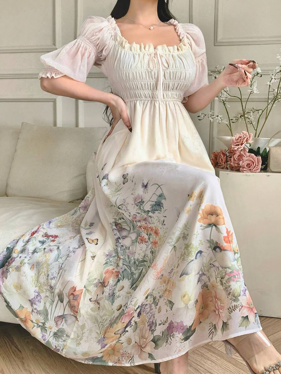 DAZY 女士浪漫飘逸印花A字中长连衣裙，收腰设计，夏季，挤奶女工装度假装扮，花卉图案 - 杏色 - 查看 1