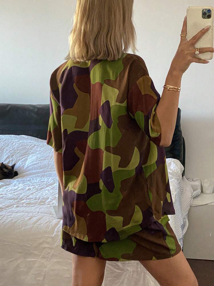 Women's Loose Camouflage Allover Print Pajama Set, Summer