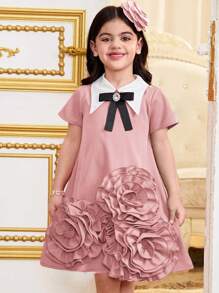 SHEIN 年轻女孩拼色彼得潘领 3D 花朵下摆 A 字裙，春夏适合女孩日常穿着、节日、家庭聚会和特殊场合 - 粉色 - 查看 5
