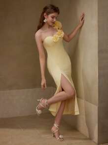 MOTF PREMIUM Vestido con abertura lateral en el muslo con estampado floral estéreo - Amarillo - Ver 3